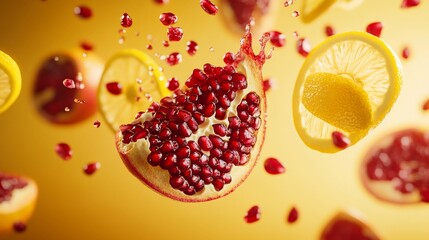 A vibrant and dynamic image of a pomegranate slice bursting with ruby red seeds and lemon slices floating against a yellow background
