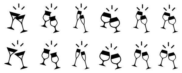 Drink cheers icon vector featuring two wine glasses clinking together. Perfect for celebrations, parties, toasts, and social events