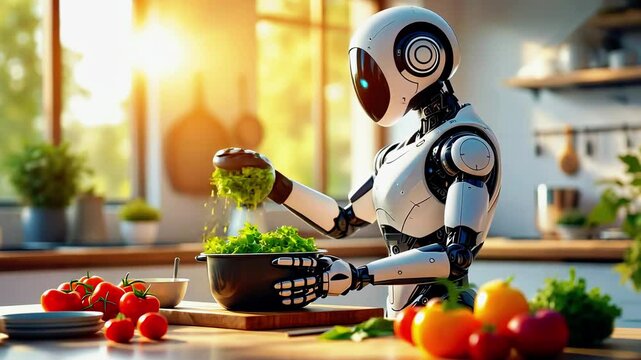 A futuristic robot chef prepares a fresh salad in a modern kitchen filled with colorful vegetables