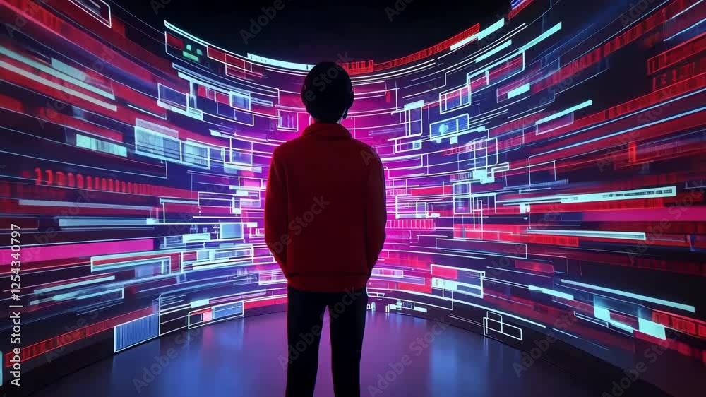 Poster immersive futuristic technology person engages with vibrant digital screen displaying colorful data 