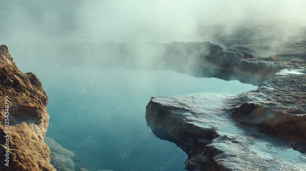 Aufkleber relaxing getaway at a tranquil hot spring surrounded by rocky edges with steam rising above the surf