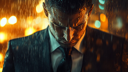 A businessman standing under a flickering streetlight in the rain, exhausted expression