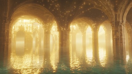 Massive Stone Citadel Inside a Half-Submerged Mystical Environment