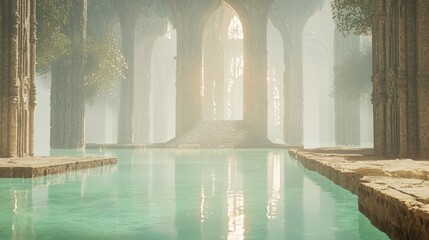 Majestic Stone Citadel with Submerged Foundations in Serene Water