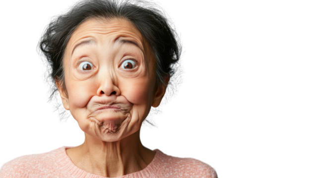 Playful senior woman making funny face on transparent background