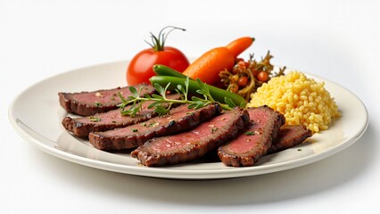 Sliced Grilled Steak with Vegetables and Millet on a Plate