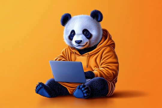 Cute cartoon panda wearing a hoodie, using a laptop against an orange background.