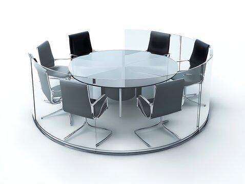 meeting room with round table, modern chairs, and glass partitions