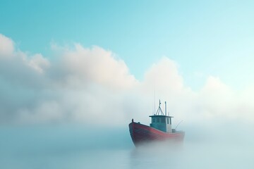 Obraz premium fishing boat floating on calm waters as thick morning fog slowly lifts, revealing vivid blue sky. serene atmospheric coastal scene capturing mystery, solitude, nature beauty.