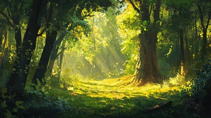 Obraz premium Sunlit Forest Path: A Digital Painting of Serene Nature