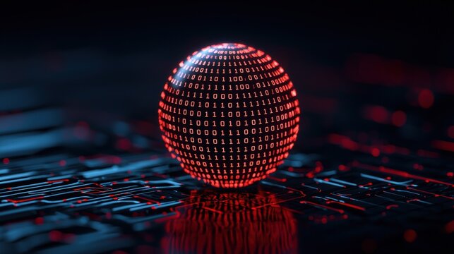 Digital realm futuristic red binary code sphere close-up