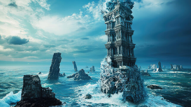 Ancient tower amidst turbulent ocean waves under a dramatic sky with rocky formations