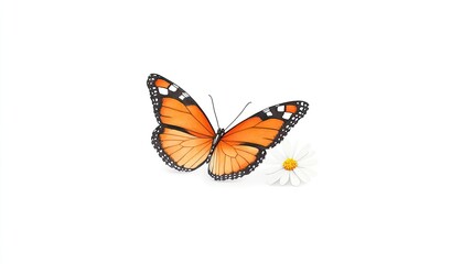 Obraz premium A vibrant orange butterfly perched beside a delicate daisy flower against a clean white background