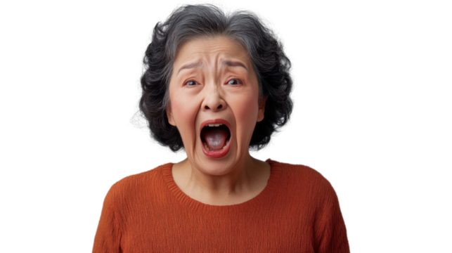 Senior woman shouting with transparent background: expressing frustration and anger