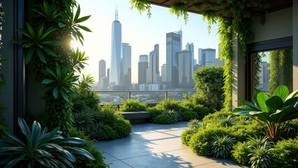 Fototapeta premium Modern rooftop garden with green walls, manicured lawn, and city skyline view 