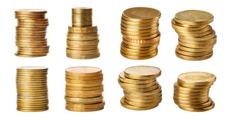 Stacked Gold Coins in Various Arrangements on White Background, isolated on transparent background