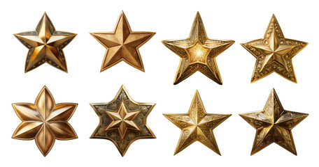 Obraz premium Decorative golden stars in various styles and designs for backgrounds, isolated on transparent background