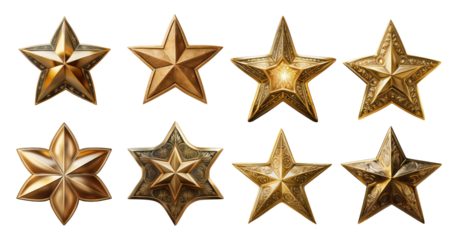 Decorative golden stars in various styles and designs for backgrounds, isolated on transparent background