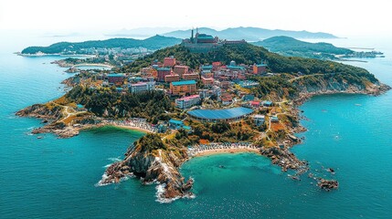 Fototapeta premium Coastal Town Nestled On A Picturesque Island Hilltop