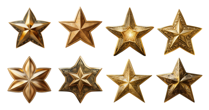 Decorative golden stars in various styles and designs for backgrounds, isolated on transparent background