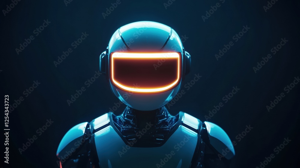 Poster minimalist glowing humanoid robot stands in dark environment with a futuristic design and vibrant il