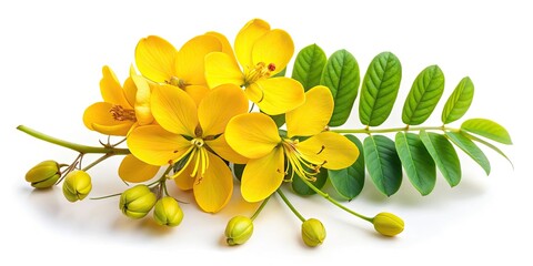 Stunning Portrait of Yellow Candle Bush Flower (Cassia alata) Isolated on White Background, Tropical Flora, Thailand's Natural Beauty, Botanical Photography, Vibrant Yellow Blooms