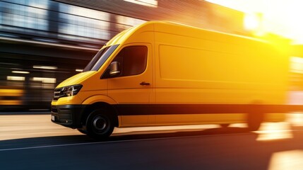 A dynamic yellow delivery van speeding on a city road during sunset.