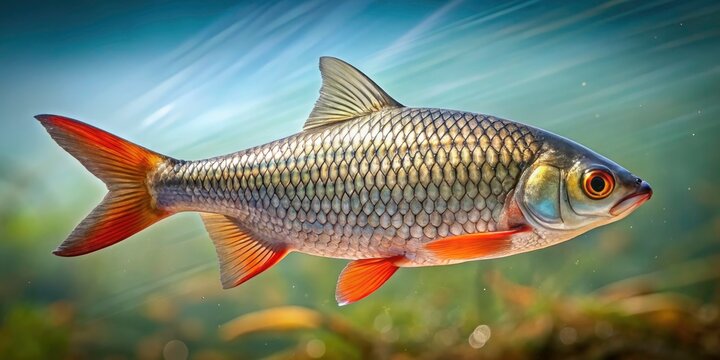 Stunning Product Photography of Rutilus rutilus - A Captivating Single Roach Fish in Clear Water, Showcasing Its Shimmering Scales and Natural Habitat for Accurate Representation