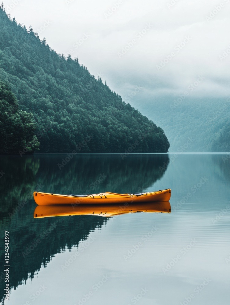 Poster lone kayak resting on a tranquil mountain lake surrounded by misty forests in the early morning ligh