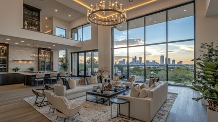 Fototapeta premium Luxury Living Room with Panoramic City View