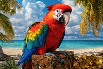 A vibrant parrot beside a treasure chest on a tropical beach.