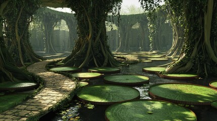 Serene Hidden Lake Surrounded by Enchanted Fortress and Lush Nature