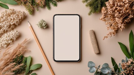 Blank screen mobile phone and pencil on beige background