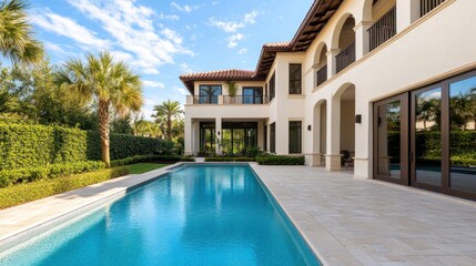 Fototapeta premium Luxurious villa with a serene swimming pool and beautiful landscaping under a blue sky.