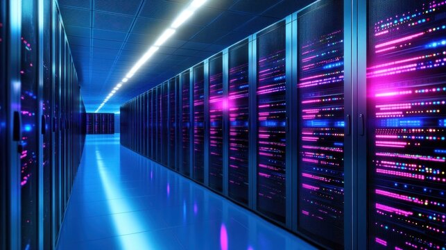 Futuristic data center with glowing servers and sleek design in a digital environment.