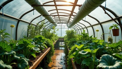 Rooftop greenhouse with lush vegetable plants, arched glass structure, and city view	