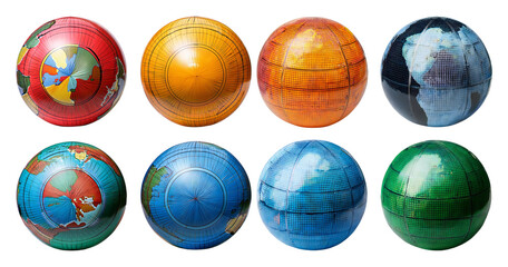 Colorful Globes Representing Different World Maps and Landforms, isolated on transparent background