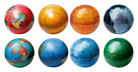 Colorful Globes Representing Different World Maps and Landforms, isolated on transparent background