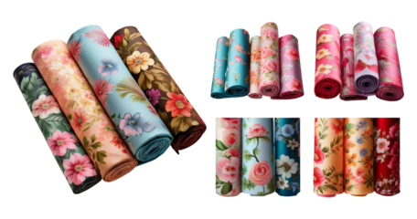 Assorted Floral Fabrics Rolls in Vibrant Colors and Textures, isolated on transparent background