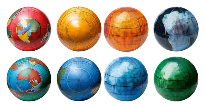 Colorful Globes Representing Different World Maps and Landforms, isolated on transparent background - Powered by Adobe