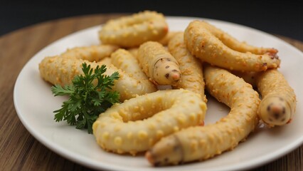 Crispy Fried Worm-Shaped Snacks on a White Plate