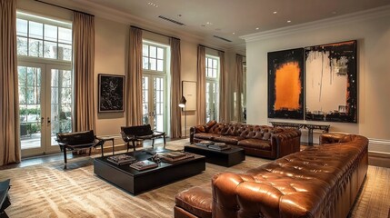 Fototapeta premium Luxurious Living Room with Leather Furniture and Abstract Art