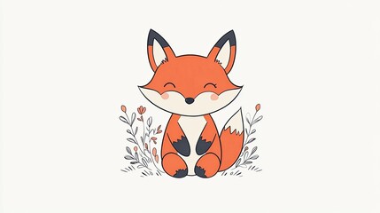 Fototapeta premium Cute cartoon fox sitting among colorful flowers with a cheerful expression in a minimalist design