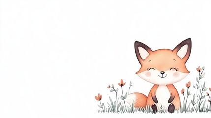 Cute illustrated fox sitting among colorful flowers in a serene, minimalist landscape