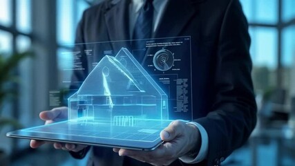 Holographic property market trends displaying increasing mortgage rates, smart home investments, and real estate analytics in a tech-driven financial world.
 - Powered by Adobe