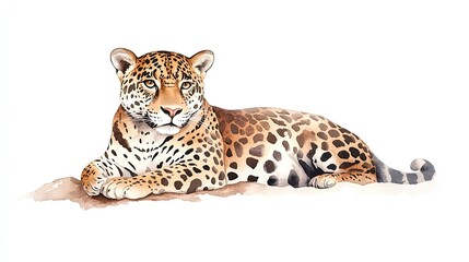 Obraz premium A serene leopard lying gracefully on a sandy surface, surrounded by a minimalist white background