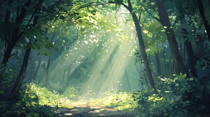 Obraz premium Sunbeams Through a Lush Green Forest