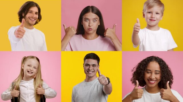 A diverse group of individuals expresses happiness by giving thumbs up. They showcase optimism and joy with bright backgrounds, creating an uplifting atmosphere.