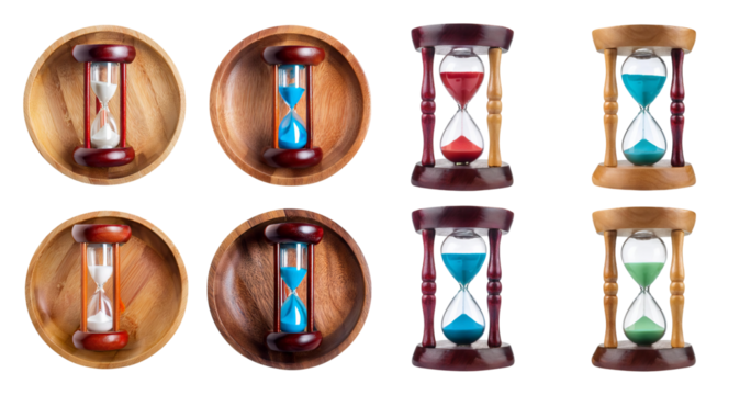 Colorful Hourglasses in Wooden Bowls for Time Management Concepts, isolated on transparent background - Powered by Adobe