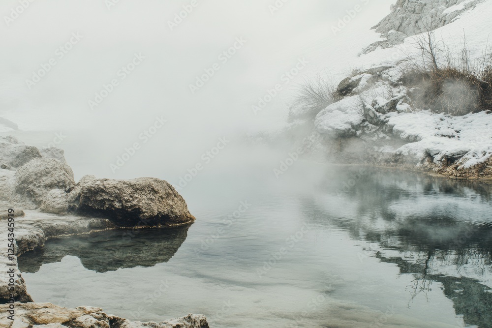 Poster relaxing in a serene hot spring surrounded by rocky edges and rising steam on a chilly winter day. g